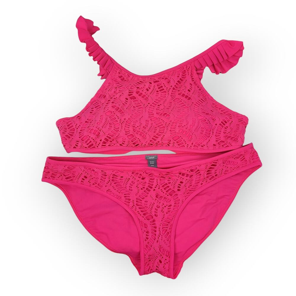 Aerie Crochet Swimsuit 2 Piece Set Ruffle Strap Hot Pink Size XL Resort Vacation